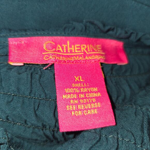 Catherine Malandrino Womens Teal Blue Smocked Peasant Blouse XL Poet‎ Sleeve Top - Picture 2 of 13